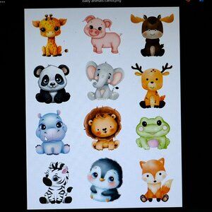 Colorful Baby Animals Stickers, Handmade, sheet, elephant, giraffe, zebra, hippo